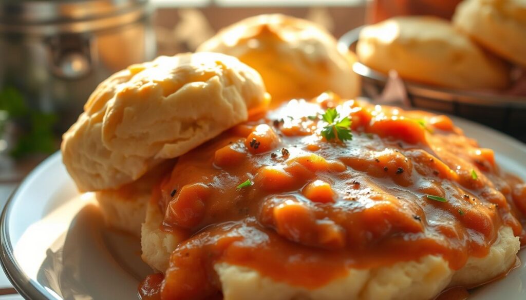 Southern breakfast tomato gravy and biscuits